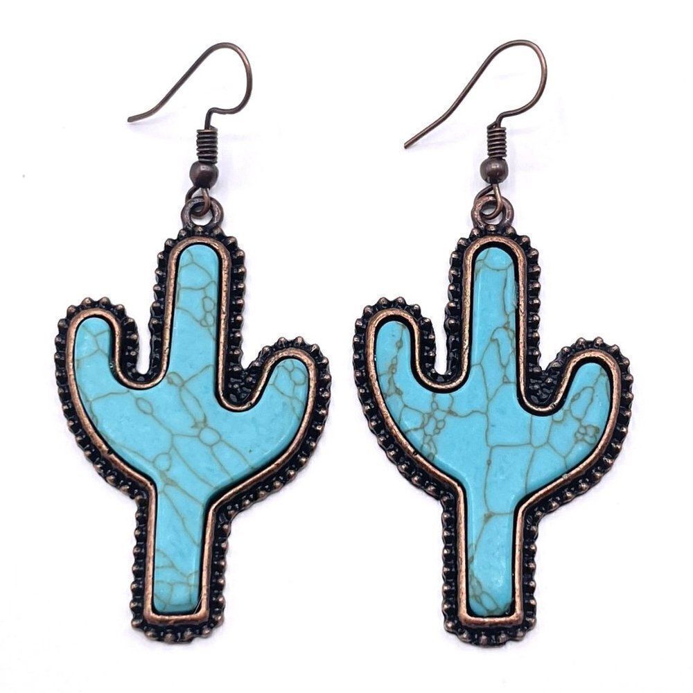 Copper with Blue Turquoise Boho Southwestern Cactus Hook Earrings